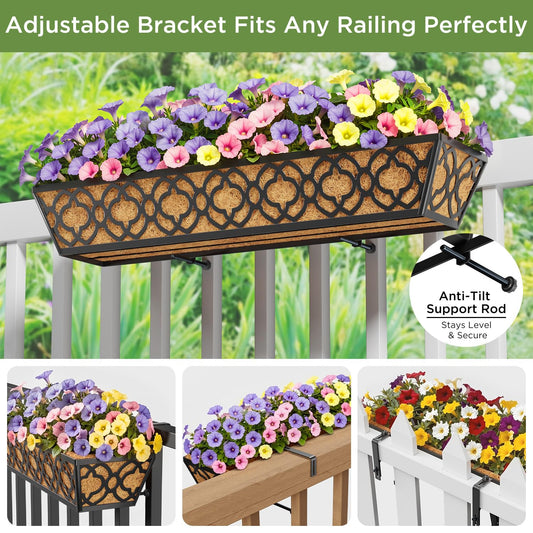 Y&M 4Pcs 30'' Railing Planter Box Set with Coconut Coir Liner, Flower Boxes with Adjustable Brackets, Large Metal Hanging Window Boxes for Fence, Deck, Balcony, and Outdoor Garden