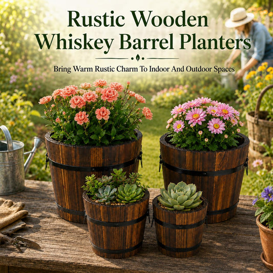 Skdqiee 4 PCS Wooden Whiskey Barrel Planters, Wine Barrel Flower Pot with Rubber Hoops, 4 Sizes Versatile Planter for Indoor and Outdoor Plants