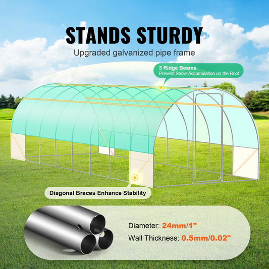 Happybuy 27.4x9.5x7.4 ft Walk-in Tunnel Greenhouse, Galvanized Steel Frame, Green PE Cover, Swing Door, 16 Roll-up Windows, Outdoor Plant Hot House