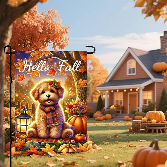 Hello Fall Garden Flag Thanksgiving Flag Cute Puppy Scarf Pumpkins Autumn Leaves Lantern Outdoor Yard Decor 12x18 Inch Double Sided Banner For Front Porch Lawn Patio Seasonal Home Decoration