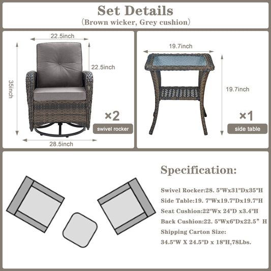 Belord Patio Wicker Chairs Swivel Rocker - Outdoor Swivel Rocking Chairs Set of 2 with Rattan Side Table, Patio Swivel Glider Chair 3 Piece Patio Furniture Sets for Patio Porch Pool Brown/Grey