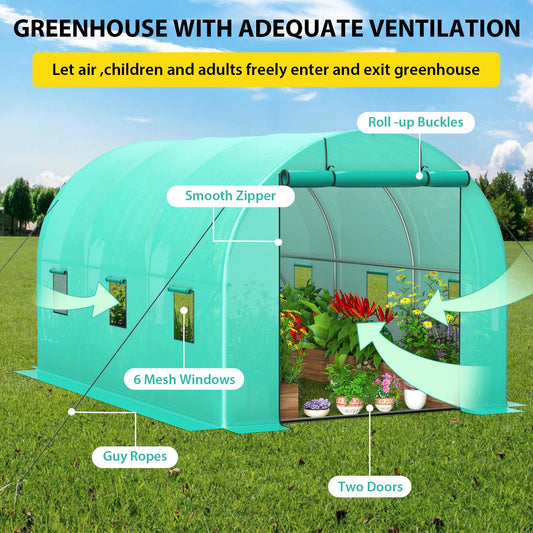 GarveeLife 13x8x7 ft Walk-in Tunnel Greenhouse, Garden Plant Hot House for Outdoors Vegetables Plants, Galvanized Steel Frame Green PE Cover Warm House with 6 Mesh Windows & 2 Roll-Up Zipper Doors