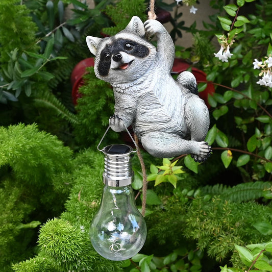 Resin Raccoon Garden Statue Solar Fence Lights Outdoor Hanging Decor Porch