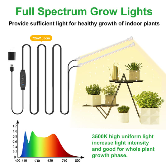 2 Head 13 Inches LED Grow Light Strips, Grow Lights for Indoor Plants Full Spectrum 3500K, 96 LEDs Plant Light with Auto On/Off and 3/9/12H Timer, 10 Dimmable Levels for Seedling Succulent