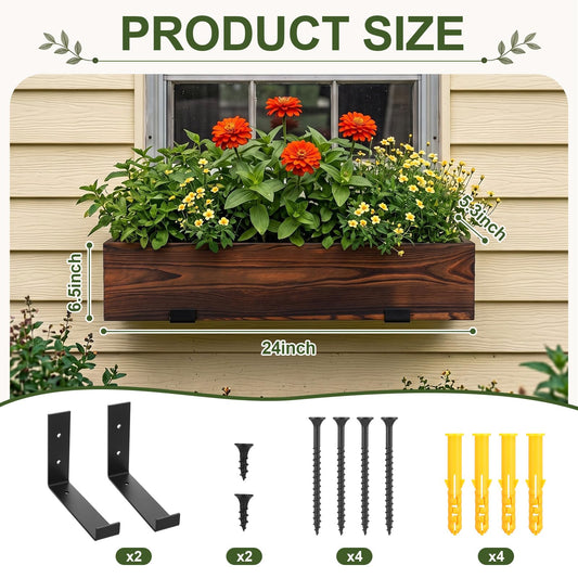 Novabright 24 Inch Wood Window Planter Box with L-Bracket,Wood Color