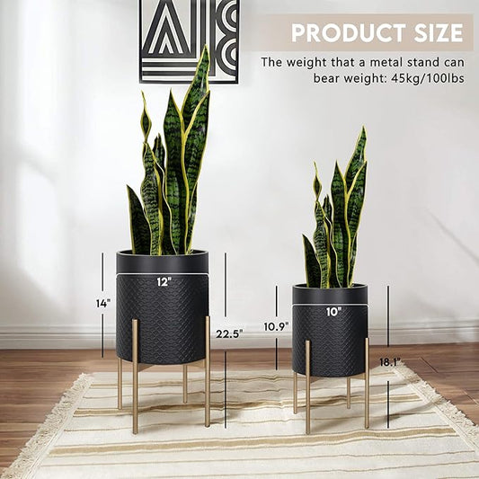 Oakrain Planters for Indoor Plants, Set of 2 Mid Century Modern Planter with Stand, Decorative Metal Planter Pots for Living Room, Office, Garden or Balcony, Black, 10"&12"