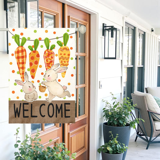Dacawin Large Easter Garden Flag 28x40 Inch Double Sided Welcome Bunny and Carrot Yard Flags Spring Outdoor Porch Decorations Farmhouse Easter Bunny House Banners for Lawn Patio Garden and Home Decor