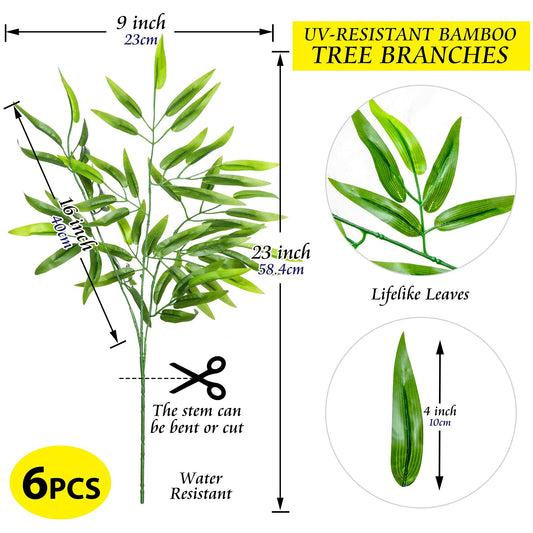 Grand Verde Bamboo Tree Branches 23” Long Stems Faux Greenery Artificial Plants Bulk Green Silk Leaves DIY Privacy Decoration Balcony Garden Outdoor Indoor Home Decor, 6pcs