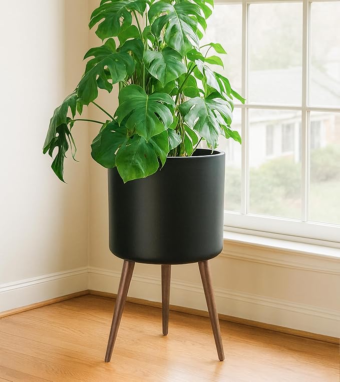 D'vine Dev 16 Inch Planter Pot with Stand, Mid-Century Tall Plant Pot with Legs for Indoor Plants, XX-Large, Black, 88-O-E-2