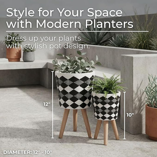 Sagebrook Home Set of 2 Geometric Planters on Stands - Resin & Wood Mid-Century Modern Plant Pots for Indoor/Outdoor Home & Garden Decor - 12" & 10", Black & White G