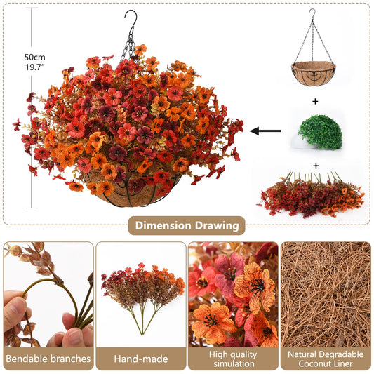 Artificial Fall Hanging Flowers Basket, UV Resistant Mums for Outdoors