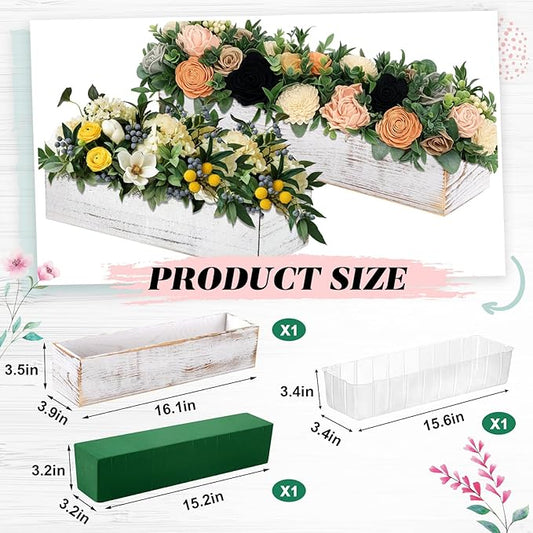 Dandat 1 Set Wood Boxes for Centerpieces 16x4 Inch Rectangle Wooden Planter Box Rustic Wooden Planters with Removable Plastic Liner Floral Foam Blocks for Christmas Wedding Home Garden Decor(White)