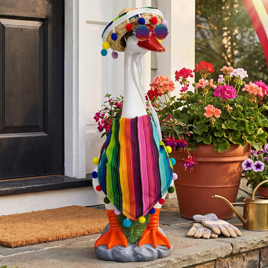 RiKoDaM Porch Goose Outfit, 20" Resin Garden Statue for Summer Lawn Desk