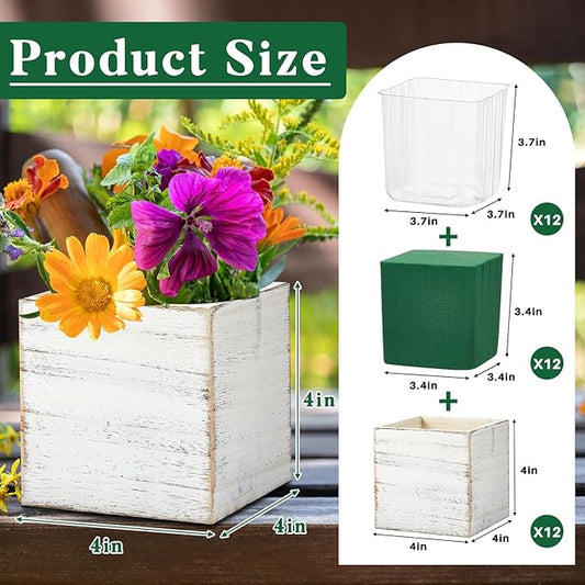 Dandat 12 Sets Wooden Cube Planter Boxes for Centerpiece 4 Inch Flower White Wood Rustic Square Vase with Removable Plastic Liner Floral Foam Block for Garden Wedding Home Arrangement Decor
