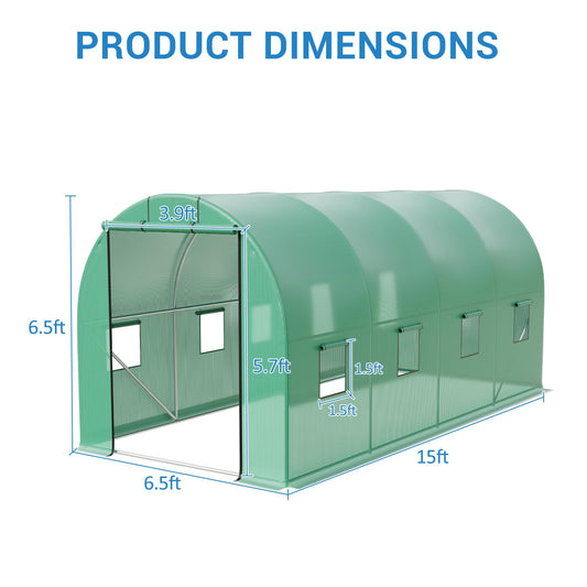 15x6.5x6.5 FT Walk-in Tunnel Greenhouse, Heavy Duty Galvanized Steel Hoop House with Green PE Cover Rolling Zipper Door and 8 Vent Windows for Outdoor Gardening and Year-Round Growing