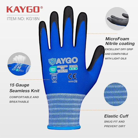 KAYGO Safety Work Gloves MicroFoam Nitrile Coated-1 Pairs, KG18NB,Seamless Knit Nylon Glove with Black Micro-Foam Nitrile Grip,Ideal for General Purpose,Automotive,Home Improvement,M,Blue
