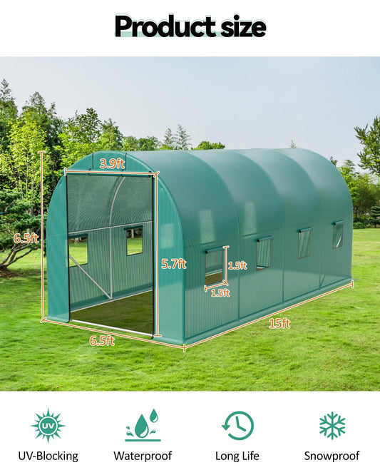 EliteEdge Walk-in Tunnel Greenhouse, 6.5 x 15 x 6.5 FT Large Outdoor Greenhouse with Door & Vent Windows, Heavy-Duty Frame and Green PE Cover for Backyard Gardening