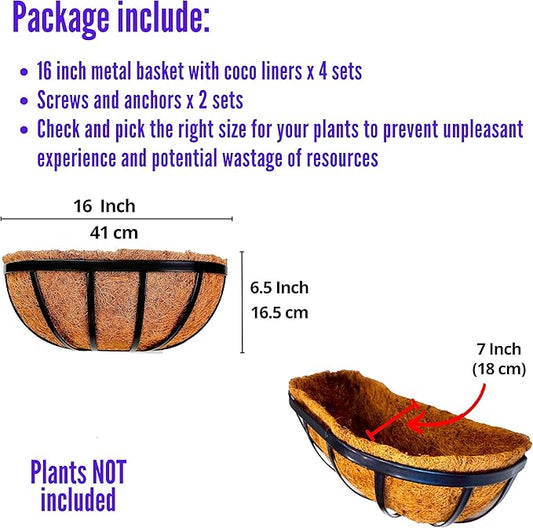LaLaGreen Wall Planters for Outdoor Plant (16 Inch, 4 Pack) Deck Railing Planter Boxes for Outside Plants Window Flower Box with Coco Liners Metal Horse Troughs Fence Garden Herb Patio Porch over Rail