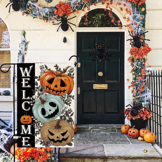 Baccessor Halloween Garden Flag 12.5 x 18 Inch Double Sided,Spooky Ghost Pumpkin Welcome Burlap Small Flag Halloween Farmhouse Holiday Yard Outdoor Outside Decoration