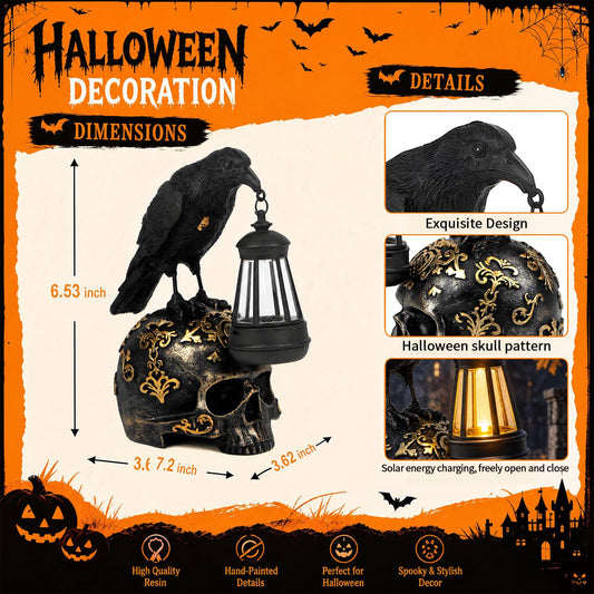 EPOTUE Halloween Solar Raven Skull Lantern, Gothic Resin Crow Skull Decor
