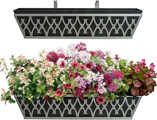 2 Pack 24 Inch Window Boxes Planters Railing Planter Box with Adjustable Brackets & Non-Woven Fabric Plant Grow Bags Deck Railing Planter Boxes Balcony Hanging Flower Box for Outdoor Plants