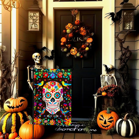 Dacawin Day of the Dead Garden Flag Skull Welcome Floral Yard Flag Mexican Gothic Skeleton Flowers Birds Double-Sided Garden Flags Fiesta Dia DE Los Muertos Burlap House Banner 12x18 Inch