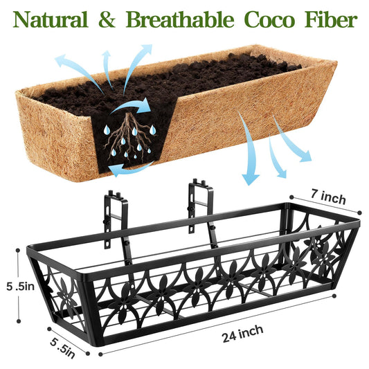 24 Inch Window Boxes Planters Railing Planter Box - 4 Pack Deck Railing Planter Boxes with Adjustable Brackets Coco Liners Balcony Planters Railing Hanging for Window Flower Boxes Outdoor Garden Decor