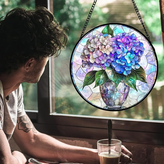 HWRHTR Stained Glass Window Hanging, Blue Purple Hydrangea Flowerpot Suncatcher for Doors Home Sun Catchers Decoration and Christmas, Mother's Day Birthday Gifts for Women, Men, and Mom 11.8 in