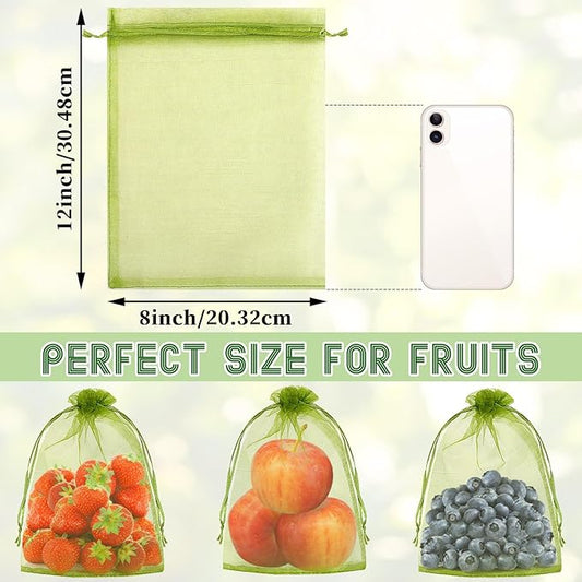 DECYOOL 120 PCS Fruit Protection Bags 8x12 inch, Green Fruit Bags for Fruit Trees Fruit Netting Cover Drawstring Mesh Bags Suit for Mangoes Tomatoes Fruit Trees Veggies Garden