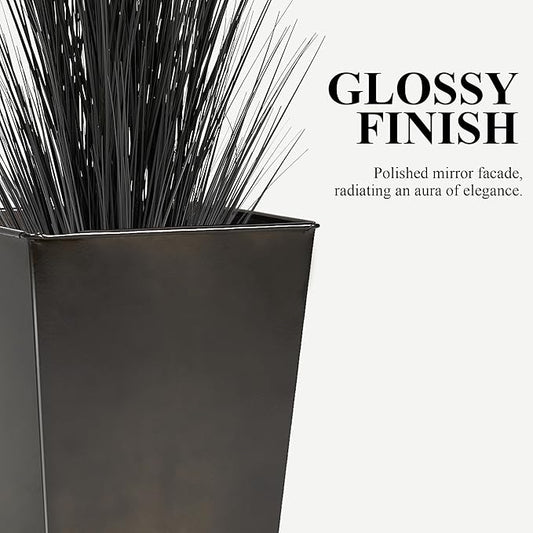 Worth Garden Large Metal Glazed Floor Planter Set of 2-14" Dia x 18" H - Luxurious Glossy Finish Black Tall Square Tapered Steel Plant Pots, Decor Flower Pot Indoor & Outdoor, Drainage Hole