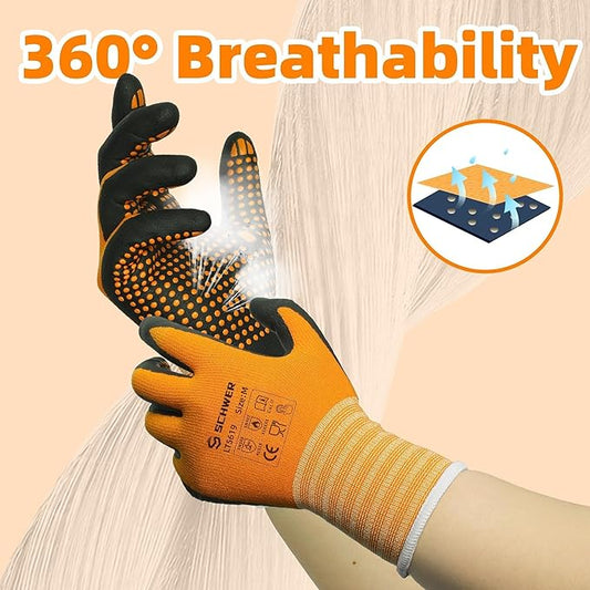 Schwer 12 Pairs LT5619 Work Gloves Micro-Foam Nitrile Coated, Level 4 Abrasion Resistant Nylon Working Gloves with Micro Dot Grip for Men Women, Touchscreen, for Automotive Electronic Assembly, Large