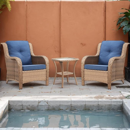 Rilyson Patio Bistro Set Outdoor Chairs - 3 Piece Wicker Rattan Patio Furniture Set with 2 Armrest Chair and 1 Side Table for Proch Deck Garden Backyard Balcony(Yellow/Blue)