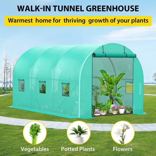 ChicCoutured 13x8x7 ft Walk-in Tunnel Greenhouse with Galvanized Steel Frame & 6 Mesh Windows, Weather-Resistant Outdoor Plant Hot House for Vegetables, Green PE Cover & Roll-Up Zipper Door
