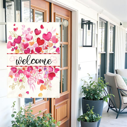 Dacawin Valentines Day Garden Flag Welcome Heart Large Double Sided House Banner Romantic Red Pink Love Hearts Yard Flags for Porch Patio Lawn Farmhouse Wedding Anniversary Party Decor 28x40 Inch