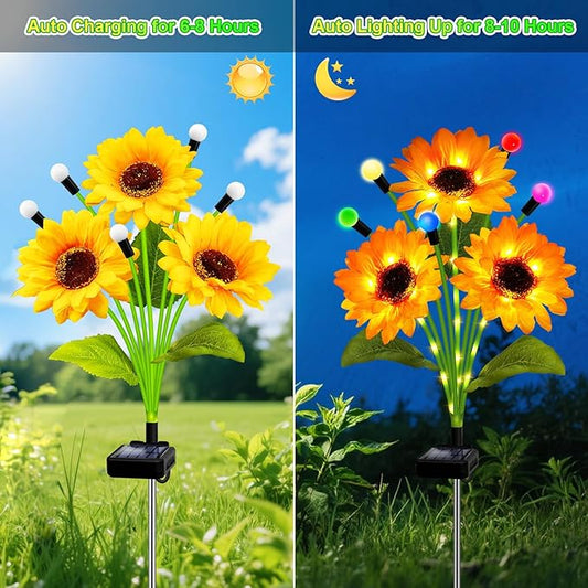 Solar Garden Lights-4 Pack Solar Sunflowers with Multicolor Changing Swaying Firefly Lights,Christmas Birthday Gifts for Mom Women,Waterproof Firefly Sunflower Light for Outdoor Patio Yard Decor
