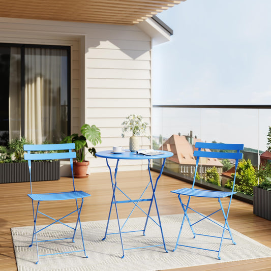 IDEALHOUSE 3-Piece Outdoor Patio Bistro Set – Foldable Metal Table and 2 Chairs, Weather-Resistant, Space-Saving Garden Furniture for Balcony, Deck, Yard, Modern Small Space Conversation Set, Blue