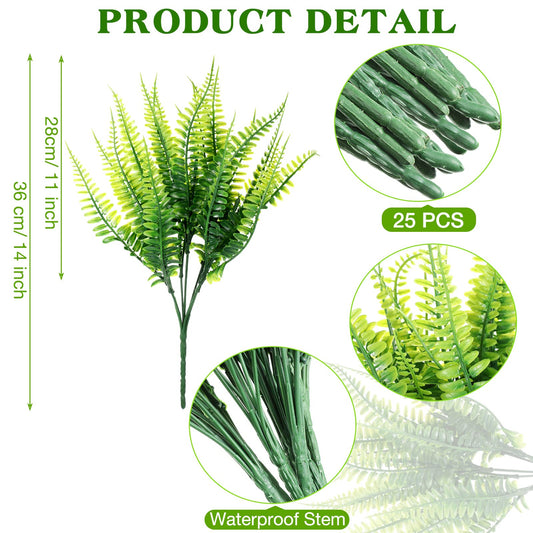 Waydress 25 Pack Fake Ferns Bulk Outdoor Artificial Boston Fern Plants UV Resistant Faux Plastic Greenery Stems Shrub Fake Flower Indoor for Home Porch Hanging Planter Window Box Garden Decor (Green)