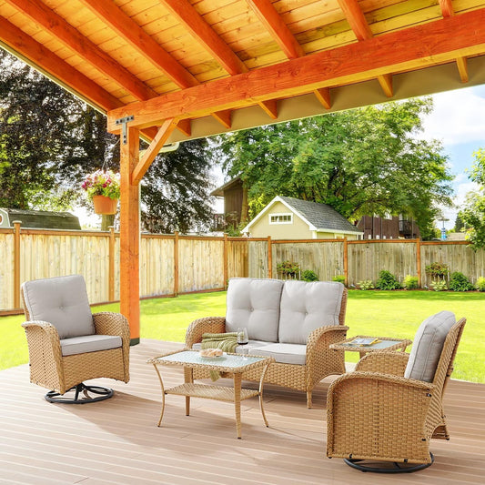 Belord 3 Piece Patio Furniture Sets Wicker Swivel Rocker Chairs - Outdoor Swivel Rocking Chairs Set of 2 with Rattan Side Table, Patio Swivel Glider Chair Bistro Set for Patio Porch Pool Beige Cushion