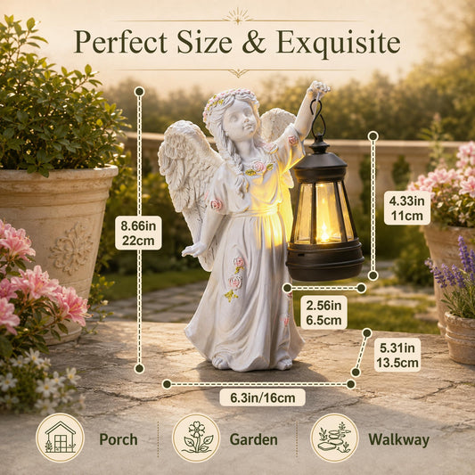 IDEA SHOW Solar Angel Statue Outdoor Garden Decor, 9" Cherub Figurine with Hanging Lantern, Resin Sculpture for Patio, Lawn, Cemetery Memorial