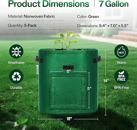 VIVOSUN 5-Pack 7 Gallon Potato Grow Bags for Growing Potatoes, Fabric Potato Pots with Handle and Roll-up Window, Potato Growing Containers Potato Planter Potato Planter for Growing Potatoes, Green