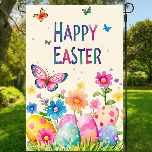 Happy Easter Garden Flags Easter Egg Butterfly Yard Flag 12x18 Inch Double Sided Outside Flowers Easter Eggs Yard Outdoor Decoration Seasonal Spring Decor Farmhouse Holiday