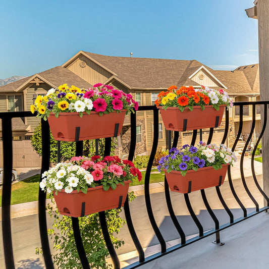 YAHKBTEN Railing Planter Boxes 17 Inches Rectangular Window Box Planters with Flower Box Brackets 2 Tier Adjustable Balcony Planters for Indoor Outdoor Herb Plants Hanging Porch Fence Rail