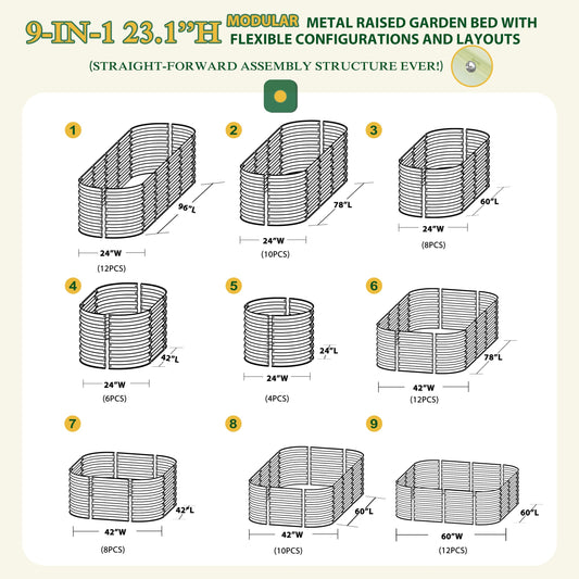 MUPATER 8x2x2ft Galvanized Raised Garden Bed, 9-in-1 Modular Planter Box with Sturdy Aluminum Support Rods, Oval Outdoor Garden Bed for Vegetables, Flowers, Backyard & Patio, IvoryWhite