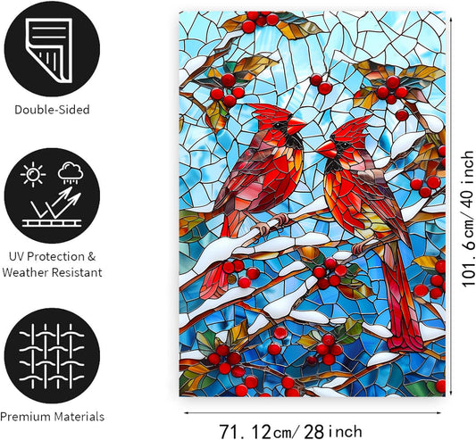 Winter Cardinal Bird Garden Flag for Outside 28x40 Stained Glass Red Birds on Snow Pine Tree Flag Christmas House Flags Large Outdoor Welcome New Years Yard Flag Double Sided