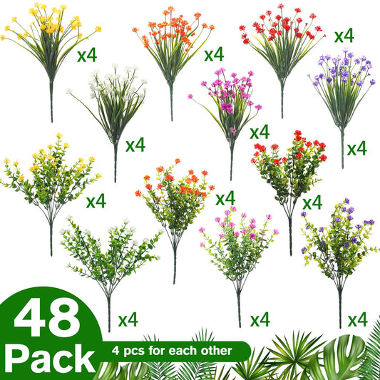 WILLBOND 48 Bundles Artificial Flowers Outdoor,UV Resistant Faux Plastic Plants Greenery Shrubs Flower Bulk for Hanging Planter Porch Window Home Wedding Spring Summer Decor (Fresh Color)