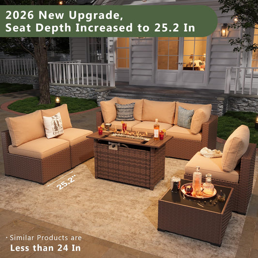 Aoxun 8 Piece Patio Furniture Set with 44” Fire Pit Table, Wicker Rattan Patio Sectional Sofa, Outdoor Furniture Set with Thickened Cushion, Brown