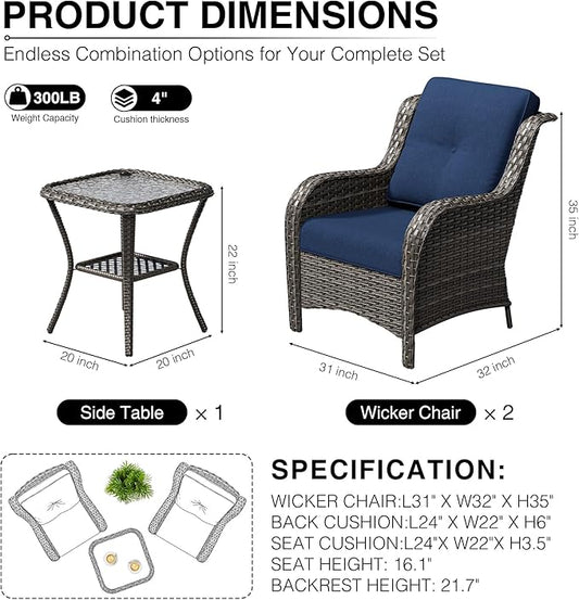 Joyside 3 Piece Wicker Patio Furniture Set, Rattan Patio Chairs with High Back, Deep Seating, Wide Armrest, Thickened Cushions, Outdoor Furniture for Deck, Porch Use