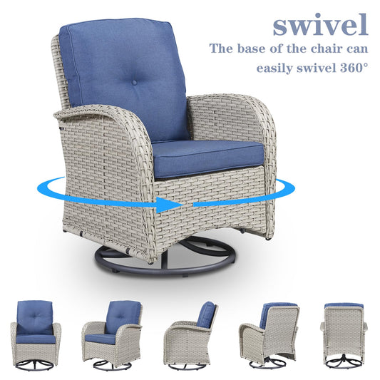 Belord Patio Wicker Chairs Swivel Rocker - Outdoor Swivel Rocking Chairs Set of 2 with Rattan Side Table,3 Piece Patio Swivel Glider Chair Furniture Sets for Patio Porch Pool Light Beige/Blue