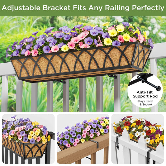 Y&M 6Pcs 30 Inch Deck Railing Planters Outdoor Balcony, Large Metal Window Box Deck Railing Planter with Coco Liner for Outdoor Balcony Porch Fence Patio Rail
