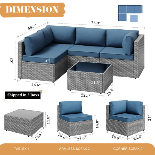 Vongrasig 5 Pieces Patio Furniture Set with Cushion, Glass Table, Navy Blue